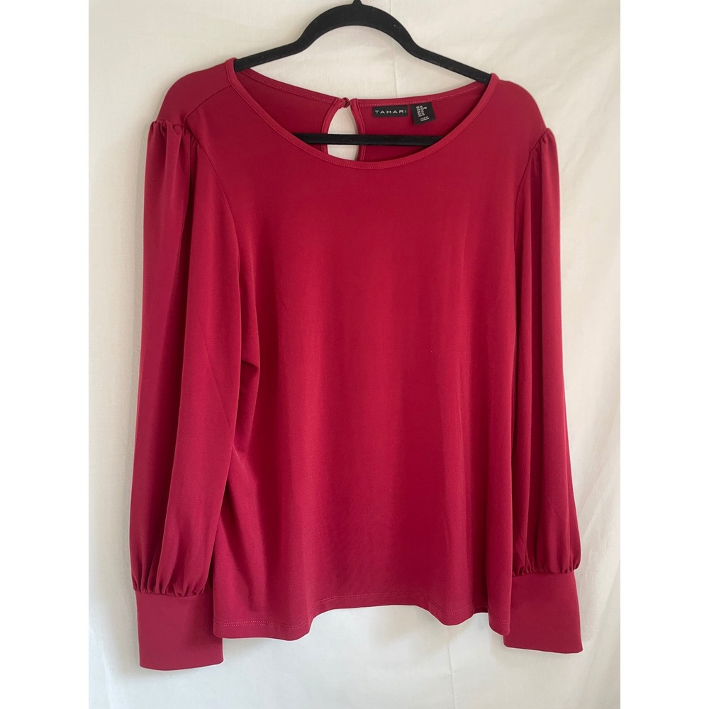 Tahari Womens XL Burgundy Red Button Cuff Long Sleeve Blouse Stretch Top - Picture 2 of 13